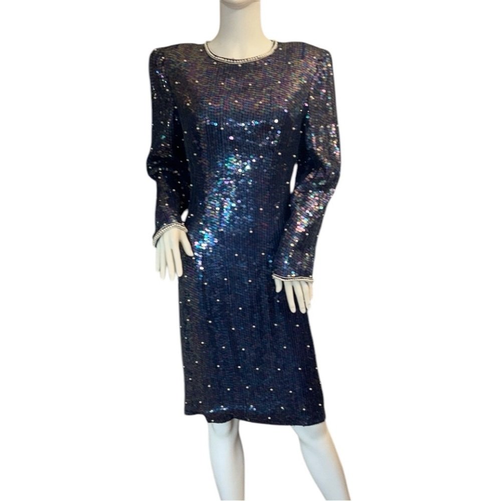Vintage 1980s Scarlet Rage Blue Silk Sequin Open Back Dress Small